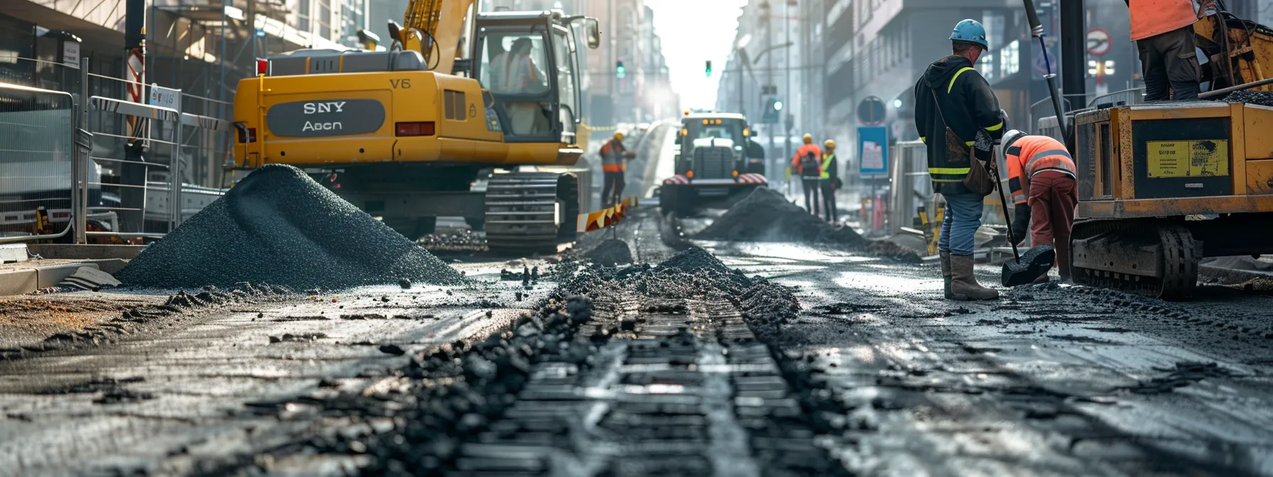 a dynamic urban construction site showcases various types of asphalt mixes in labeled piles, with workers in hard hats evaluating them against a backdrop of machinery and ongoing roadwork.