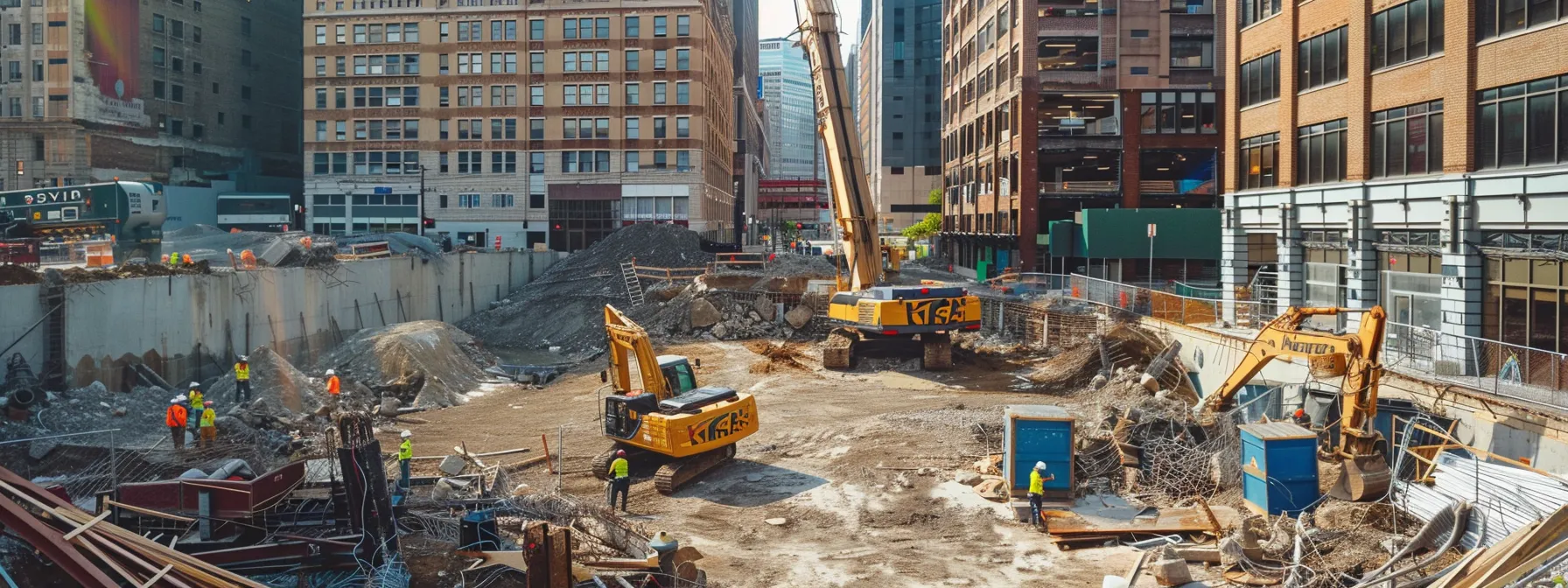 a dynamic urban construction site in pittsburgh showcases a towering crane above a partially demolished garage, with workers in hard hats discussing demolition plans amid scattered debris and safety equipment, highlighting the complexities of garage demolition costs.