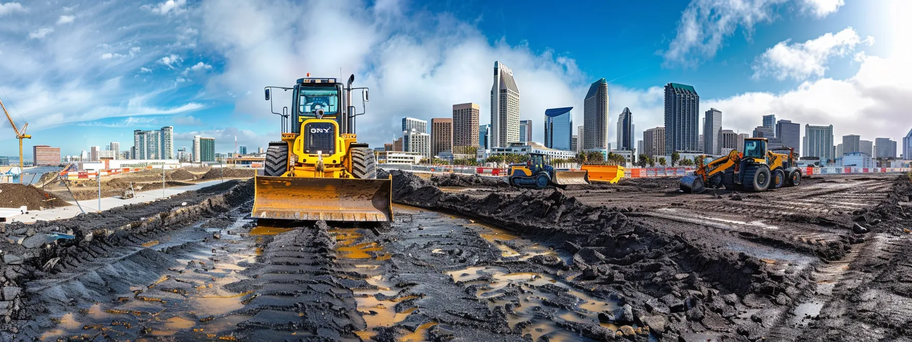 a dynamic urban construction scene showcases a team of professionals meticulously assessing a site for asphalt grading, with heavy machinery and specialized equipment in use against a backdrop of san diego’s skyline, emphasizing precision and high standards in the process.