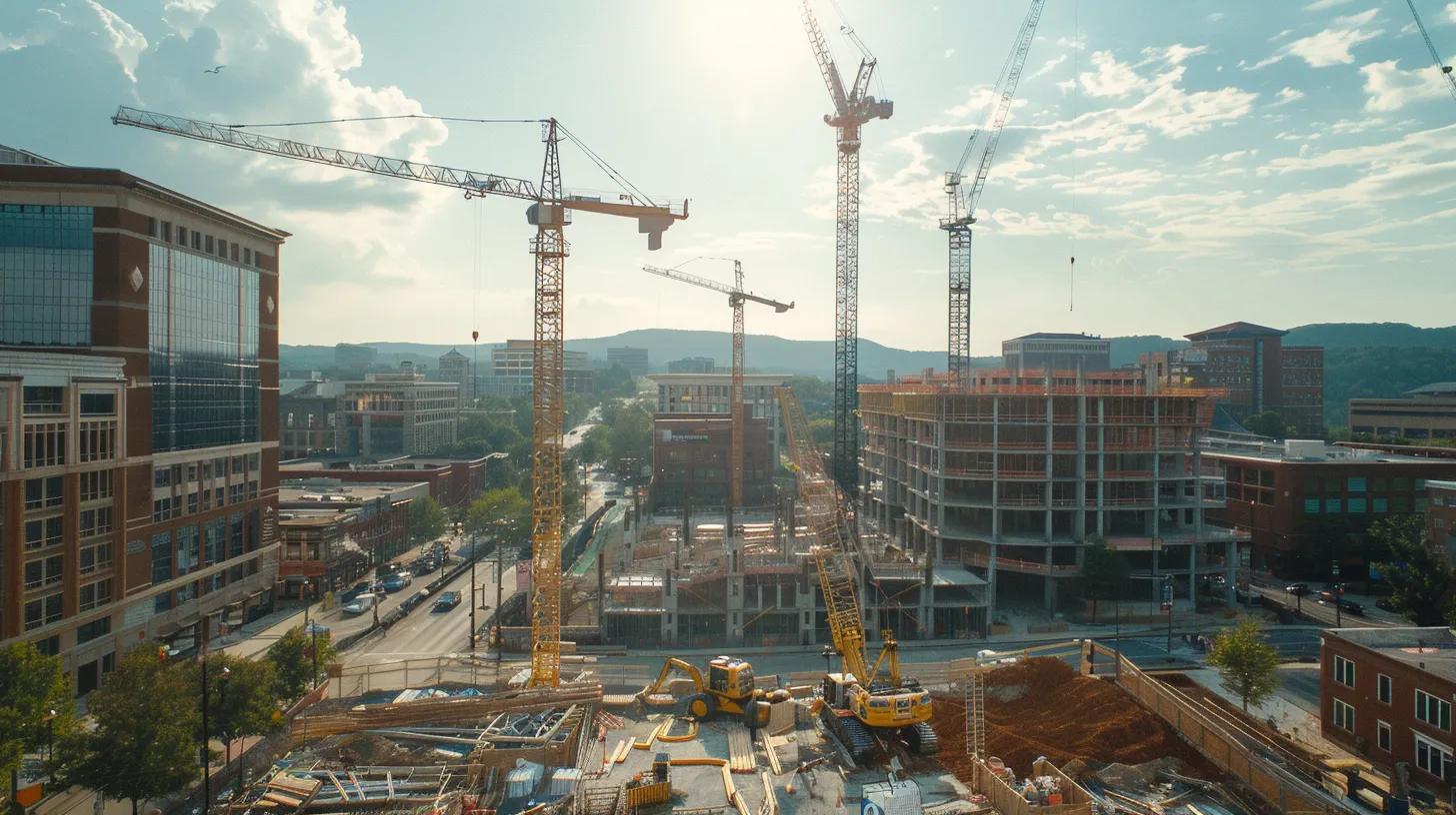 a dynamic urban construction site in knoxville showcases cranes and modern machinery at work, with workers collaborating amidst blueprints and architectural models, highlighting the city's commitment to innovative and sustainable building practices. a dynamic urban construction site in knoxville showcases cranes and modern machinery at work, with workers collaborating amidst blueprints and architectural models, highlighting the city's commitment to innovative and sustainable building practices.