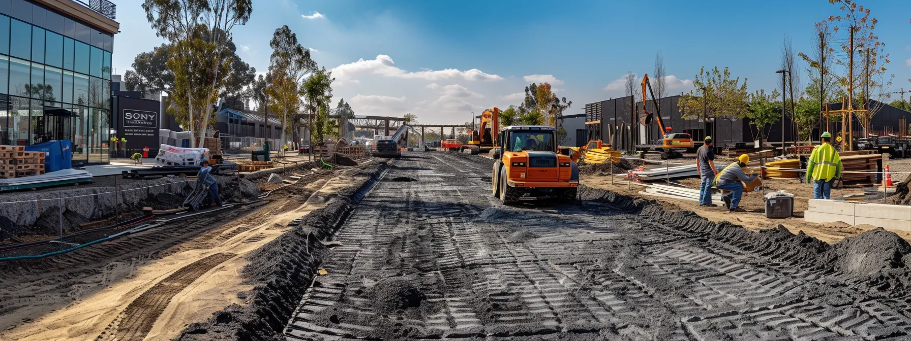 a dynamic urban construction site in riverside showcases a freshly paved asphalt road, with workers evaluating different paving materials and project specifications under bright artificial lighting.