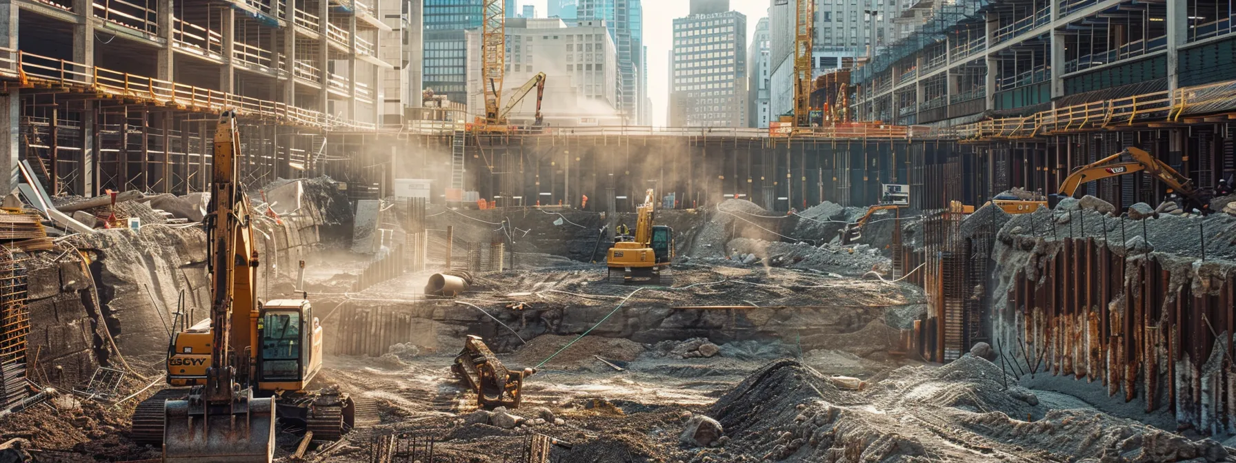 a dynamic urban construction site in pittsburgh showcases skilled workers executing precise excavation techniques for advanced drainage systems, featuring deep trenches and heavy machinery against a backdrop of modern architecture.