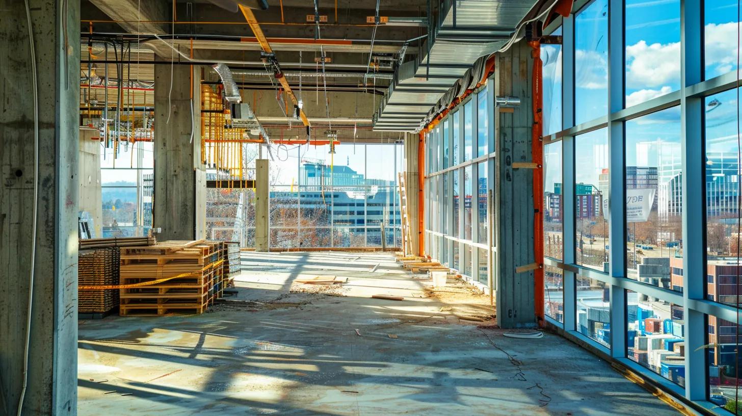a dynamic urban construction site in downtown knoxville showcases innovative sustainable building practices, featuring a striking mix of solar panels, advanced waste management systems, and digital project management tools, all under an architect's blueprint backdrop. a dynamic urban construction site in downtown knoxville showcases innovative sustainable building practices, featuring a striking mix of solar panels, advanced waste management systems, and digital project management tools, all under an architect's blueprint backdrop.