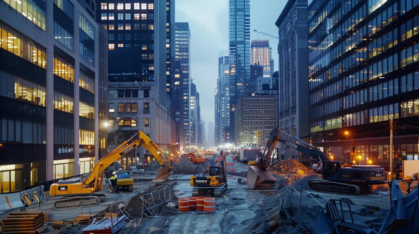 a dynamic urban construction site showcases contractors utilizing advanced construction technologies, with sleek machinery and digital displays enhancing project execution under the sharp, artificial lights of a bustling cityscape. a dynamic urban construction site showcases contractors utilizing advanced construction technologies, with sleek machinery and digital displays enhancing project execution under the sharp, artificial lights of a bustling cityscape.
