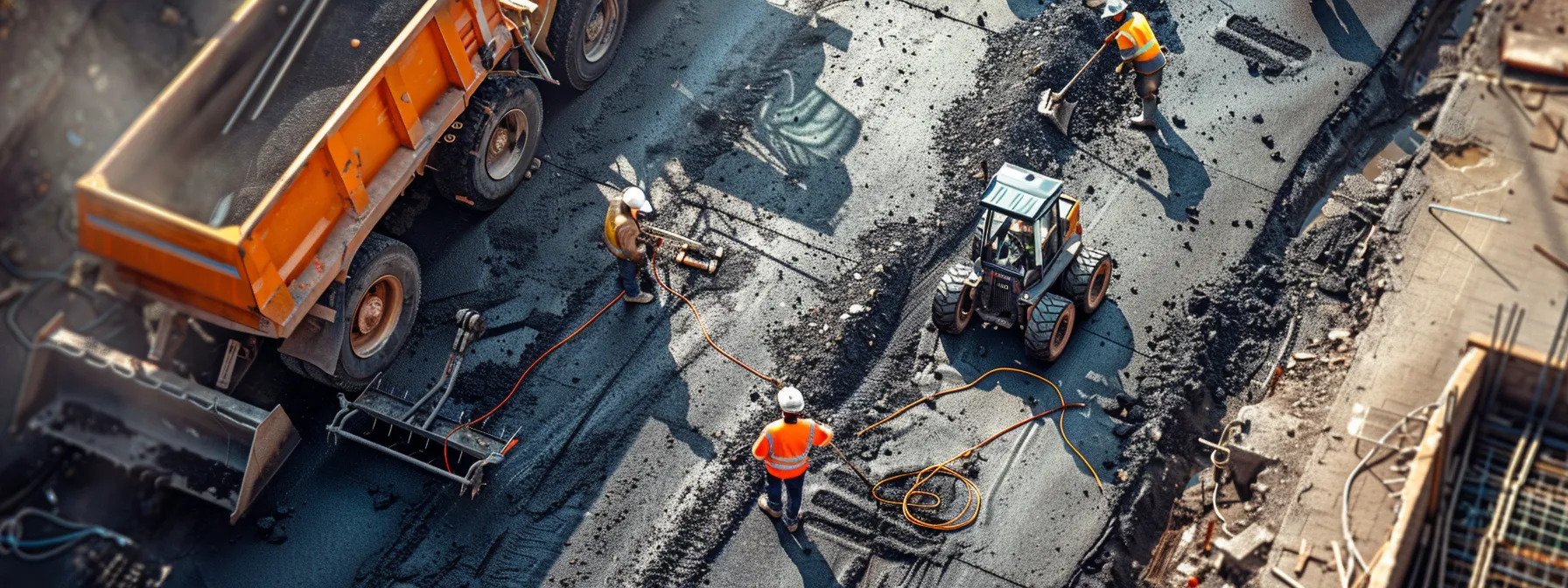 a dynamic urban construction site showcases skilled workers expertly laying down smooth asphalt and sturdy concrete, surrounded by heavy machinery and tools, illustrating the advanced paving techniques used in industrial settings.
