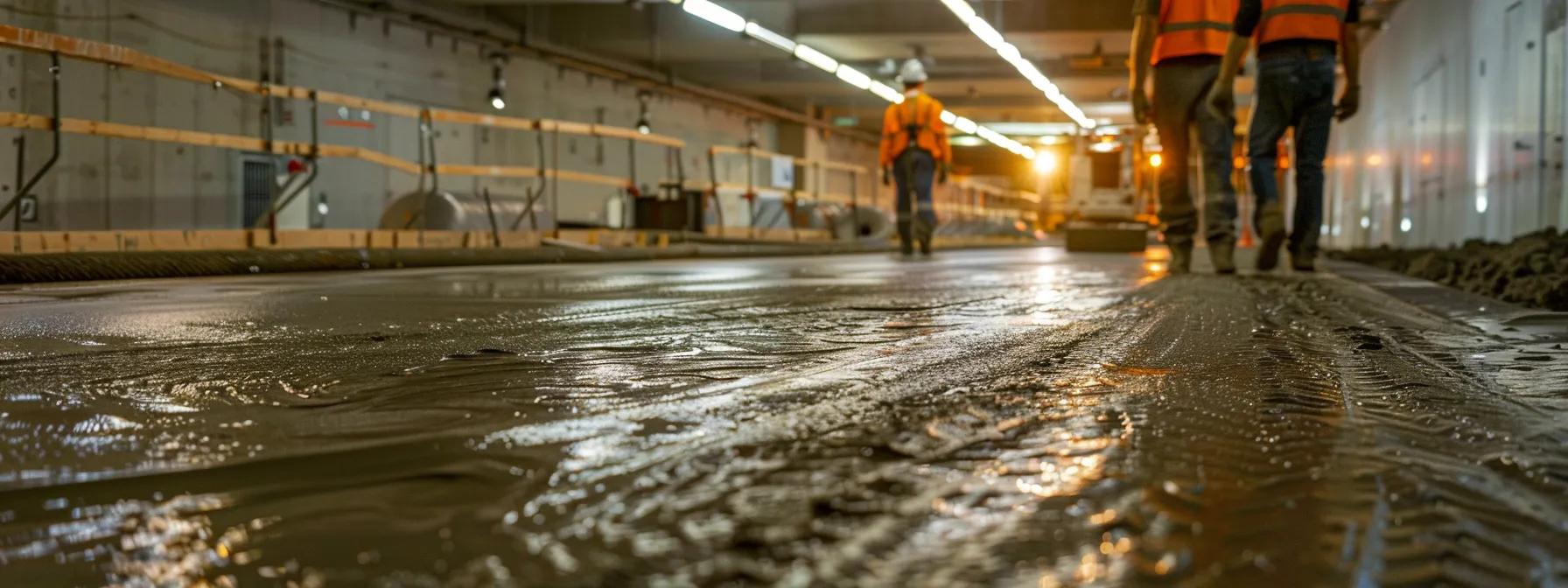 a dynamic urban construction site showcases advanced concrete paving techniques, featuring workers skillfully applying high-performance, reinforced materials under bright overhead lighting, emphasizing innovation and sustainability in modern infrastructure.