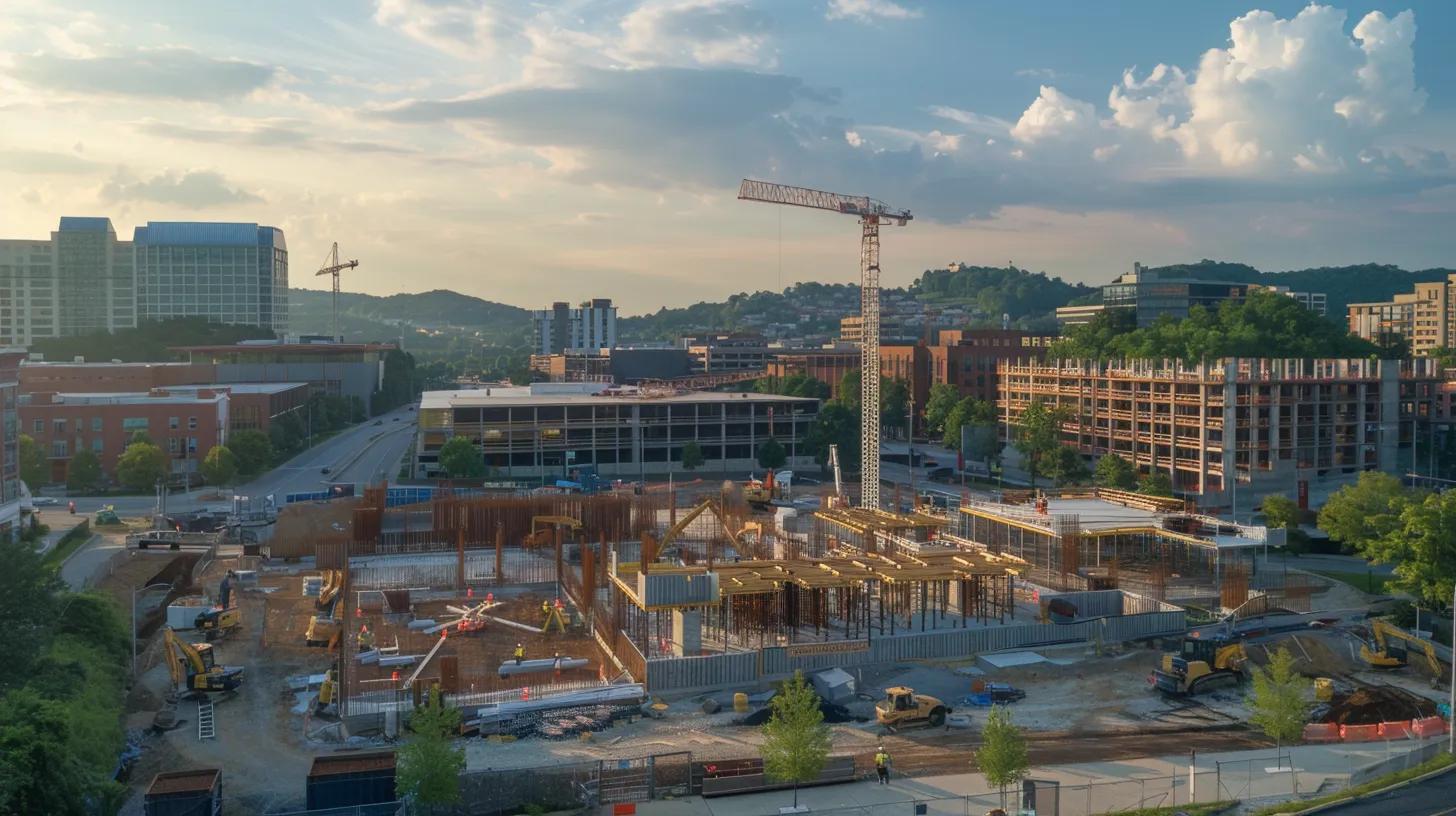 a dynamic urban construction site in knoxville, showcasing a team of diverse contractors collaborating amidst modern machinery and eco-friendly materials, with a focus on blueprints and technology that highlight sustainable building practices. a dynamic urban construction site in knoxville, showcasing a team of diverse contractors collaborating amidst modern machinery and eco-friendly materials, with a focus on blueprints and technology that highlight sustainable building practices.