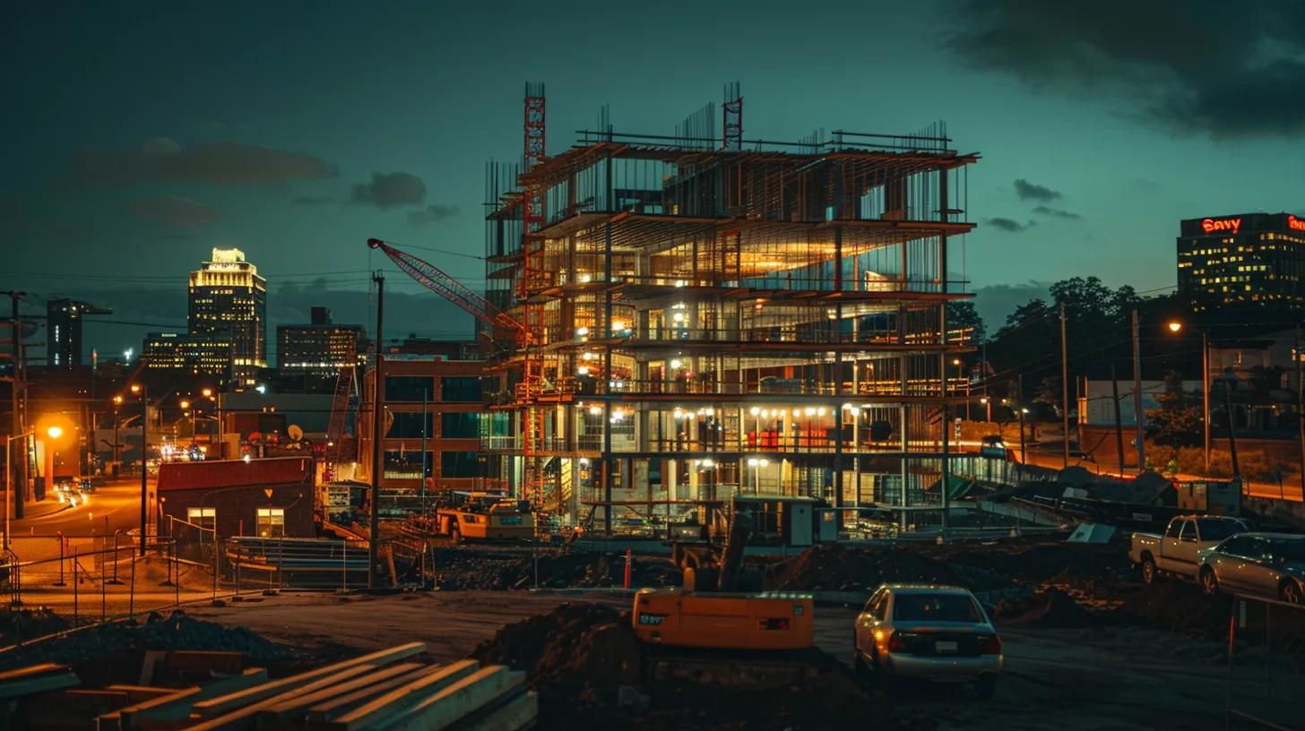 a dynamic urban construction site in knoxville, tn, showcases a striking contrast of traditional brick architecture alongside modern steel frameworks, illuminated by the warm glow of city lights, symbolizing sustainable development and innovation in the heart of the city. a dynamic urban construction site in knoxville, tn, showcases a striking contrast of traditional brick architecture alongside modern steel frameworks, illuminated by the warm glow of city lights, symbolizing sustainable development and innovation in the heart of the city.