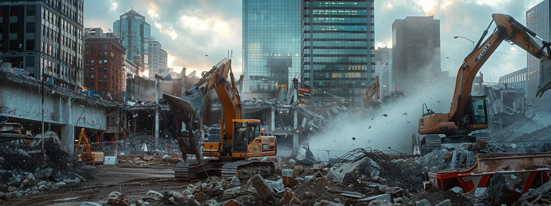 a dynamic urban demolition site in pittsburgh showcases heavy machinery actively dismantling a building, while professionals in hard hats oversee the operation and digital screens display project management software, emphasizing the efficiency and expertise of local commercial services.