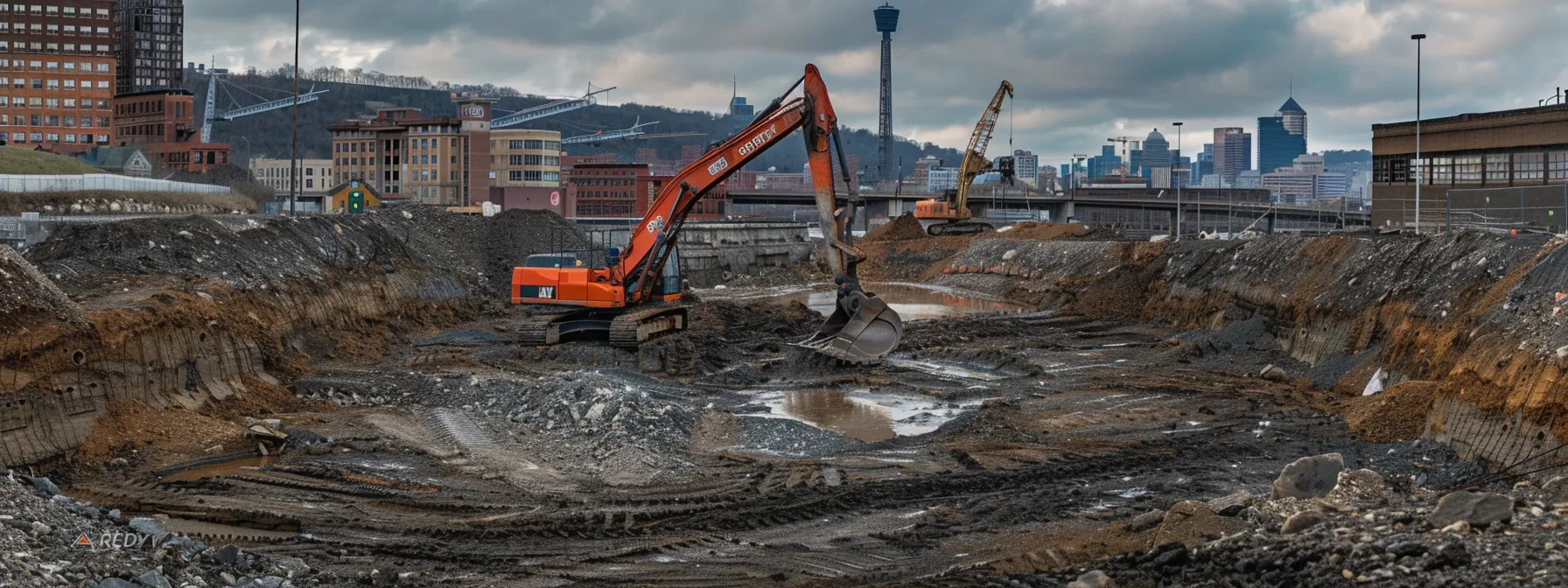 a dynamic urban excavation site in pittsburgh showcases heavy machinery and hydrovac equipment at work, surrounded by safety gear and gravel debris, highlighting the precision and efficiency of foundation projects.