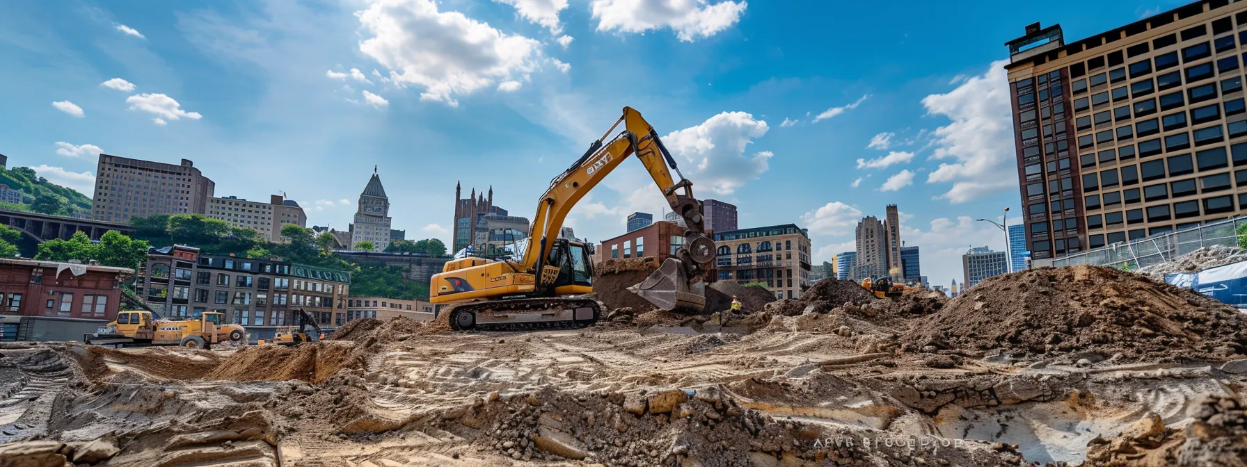 a dynamic urban excavation site in pittsburgh showcases heavy machinery actively digging to create efficient drainage systems that prevent basement flooding and manage stormwater runoff, highlighted by clear blue skies and the surrounding architecture of the city.