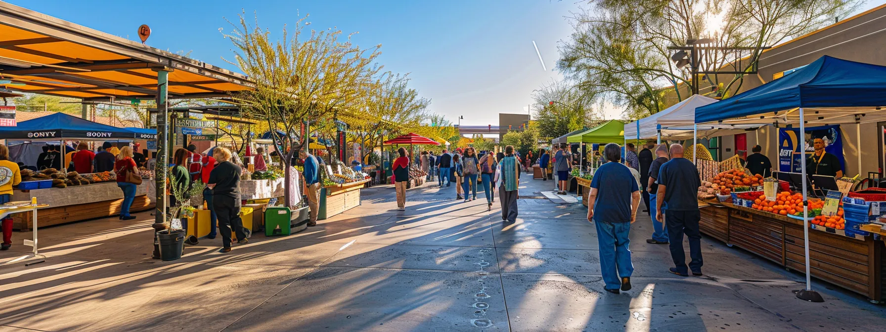 a dynamic urban farmers market bustling with customers examining premium cuts of arizona grassfed beef, surrounded by colorful stalls showcasing artisanal products and local vendors, all under bright, inviting overhead lighting.