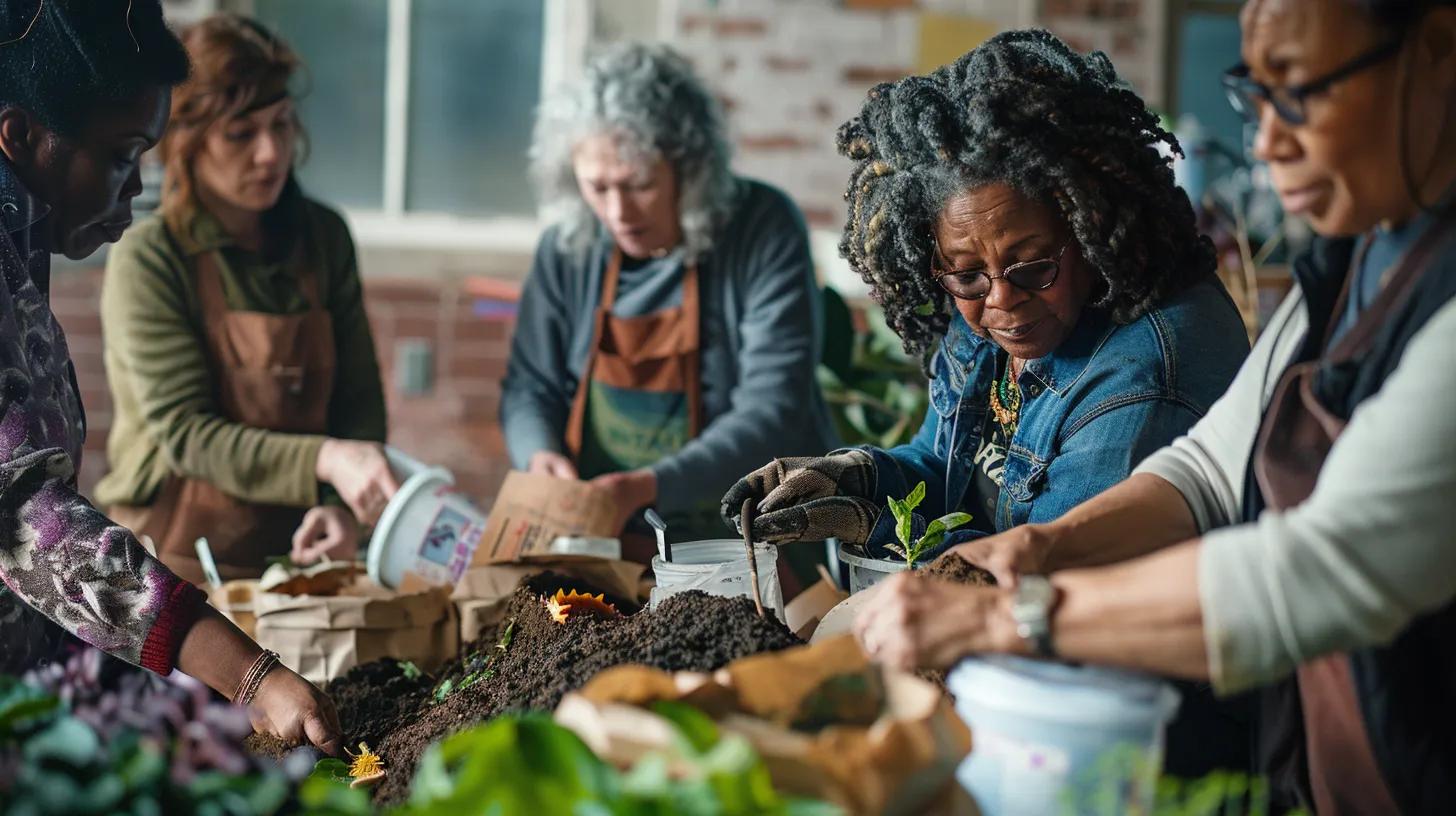 a dynamic urban gardening workshop in chattanooga, featuring diverse participants engaged in measuring soil composition, surrounded by bags of organic amendments and tools, all under bright indoor lighting that highlights the textures of the rich, dark soil. a dynamic urban gardening workshop in chattanooga, featuring diverse participants engaged in measuring soil composition, surrounded by bags of organic amendments and tools, all under bright indoor lighting that highlights the textures of the rich, dark soil.