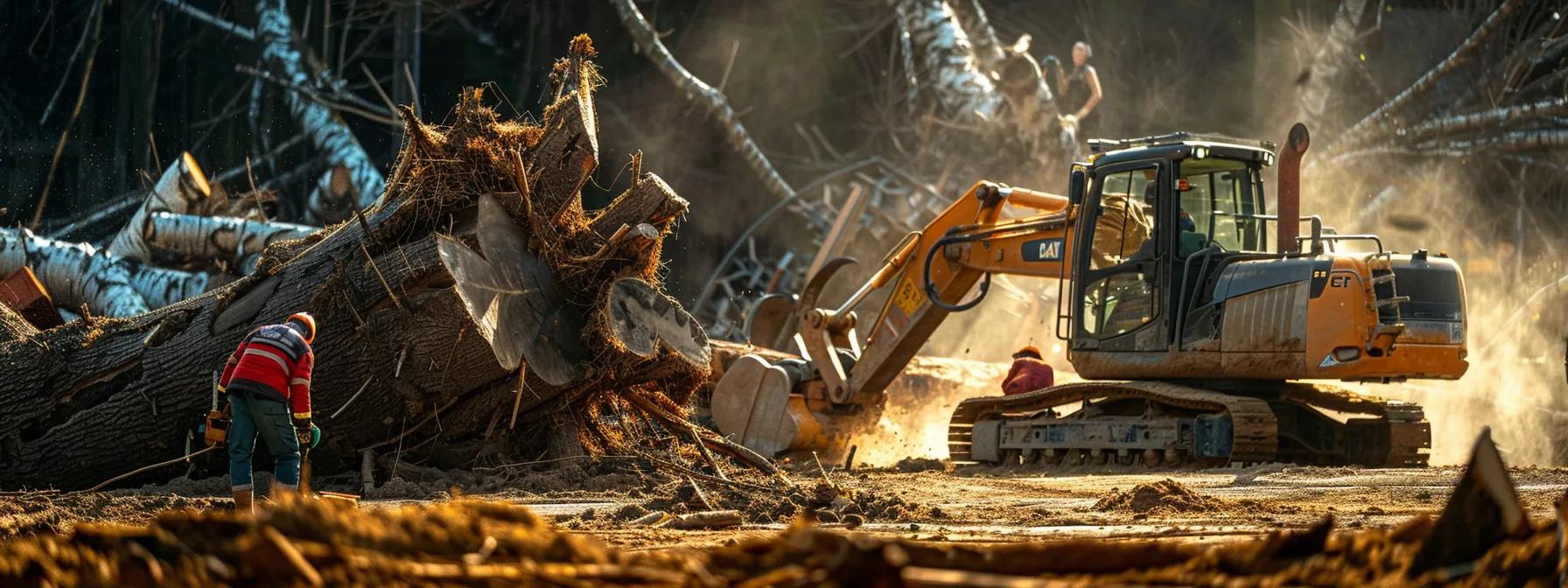 a dynamic urban landscaping scene showcases the powerful stump grinding machinery at work, transforming a large tree stump into a rich pile of finely textured organic mulch, with construction and gardening professionals assessing the enhanced soil beneath bright overhead site lights. a dynamic urban landscaping scene showcases the powerful stump grinding machinery at work, transforming a large tree stump into a rich pile of finely textured organic mulch, with construction and gardening professionals assessing the enhanced soil beneath bright overhead site lights.