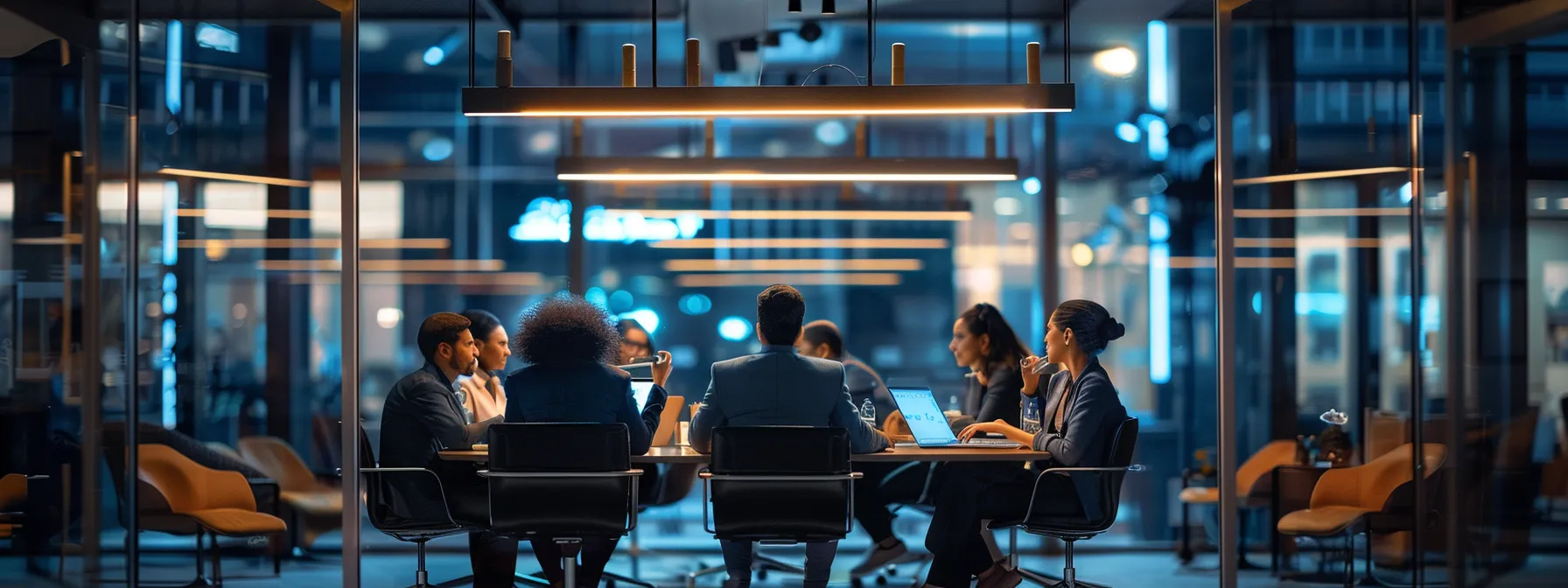 a dynamic urban office environment showcases a diverse group of professionals collaboratively brainstorming around a sleek, modern conference table, illuminated by sharp overhead lighting that highlights their enthusiastic engagement.