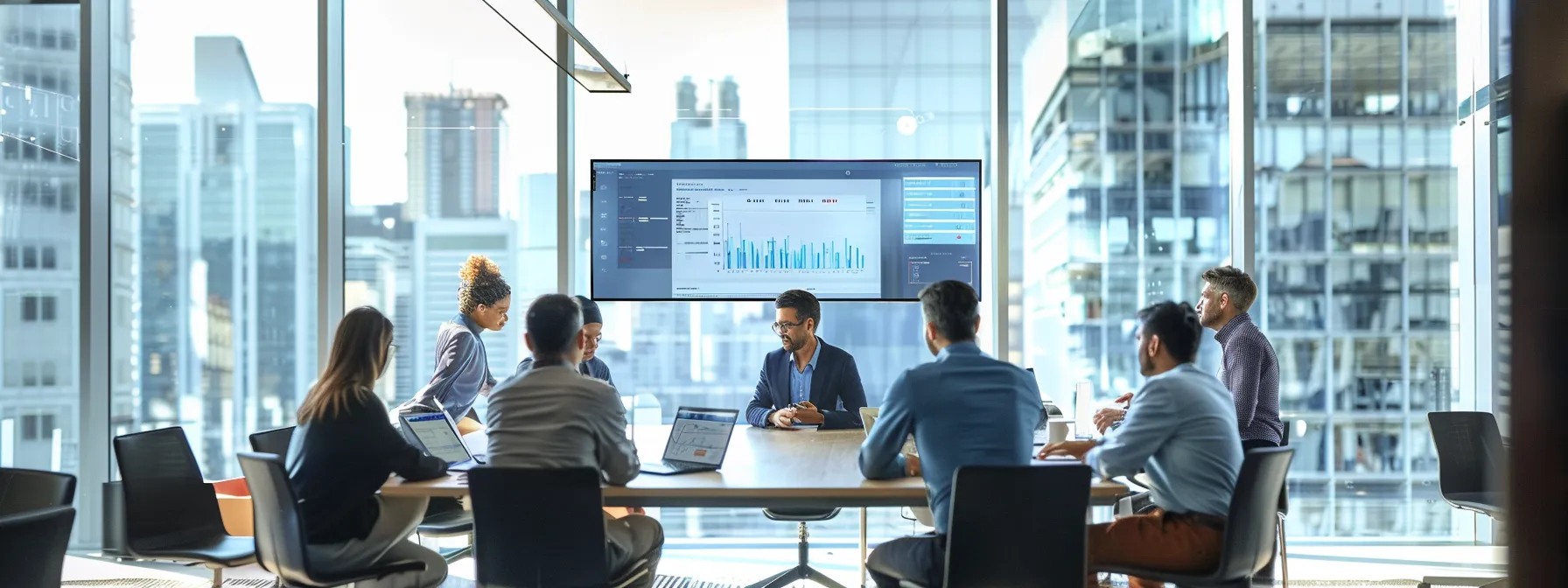 a dynamic urban office environment showcases a diverse team engaged in animated discussions around a sleek table, with digital screens displaying collaborative tools and updates, emphasizing open communication and teamwork in a bustling city atmosphere.