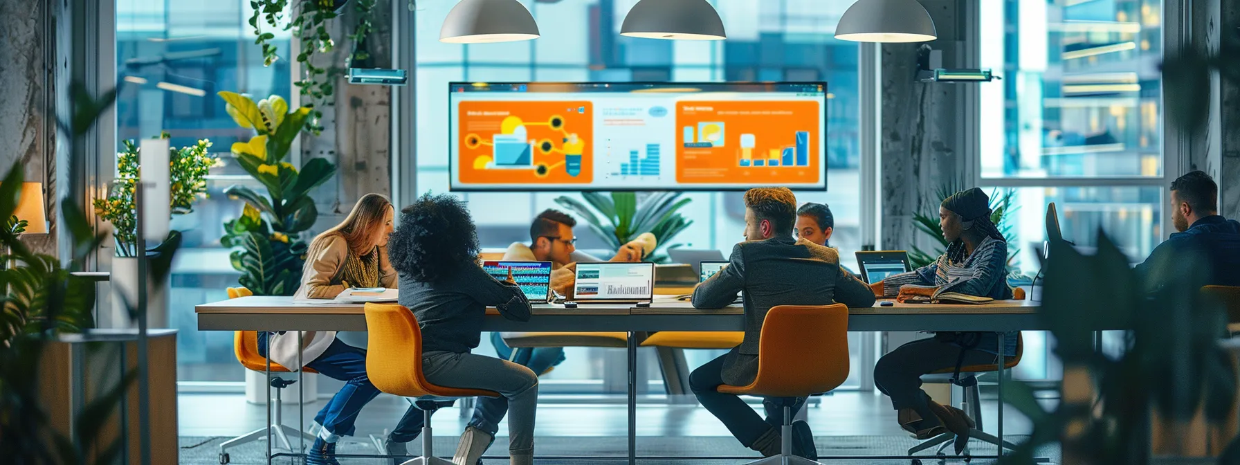 a dynamic urban office scene showcases a diverse team brainstorming around a sleek conference table, surrounded by vibrant digital marketing visuals on screens, illustrating the proactive essence of outbound marketing strategies.
