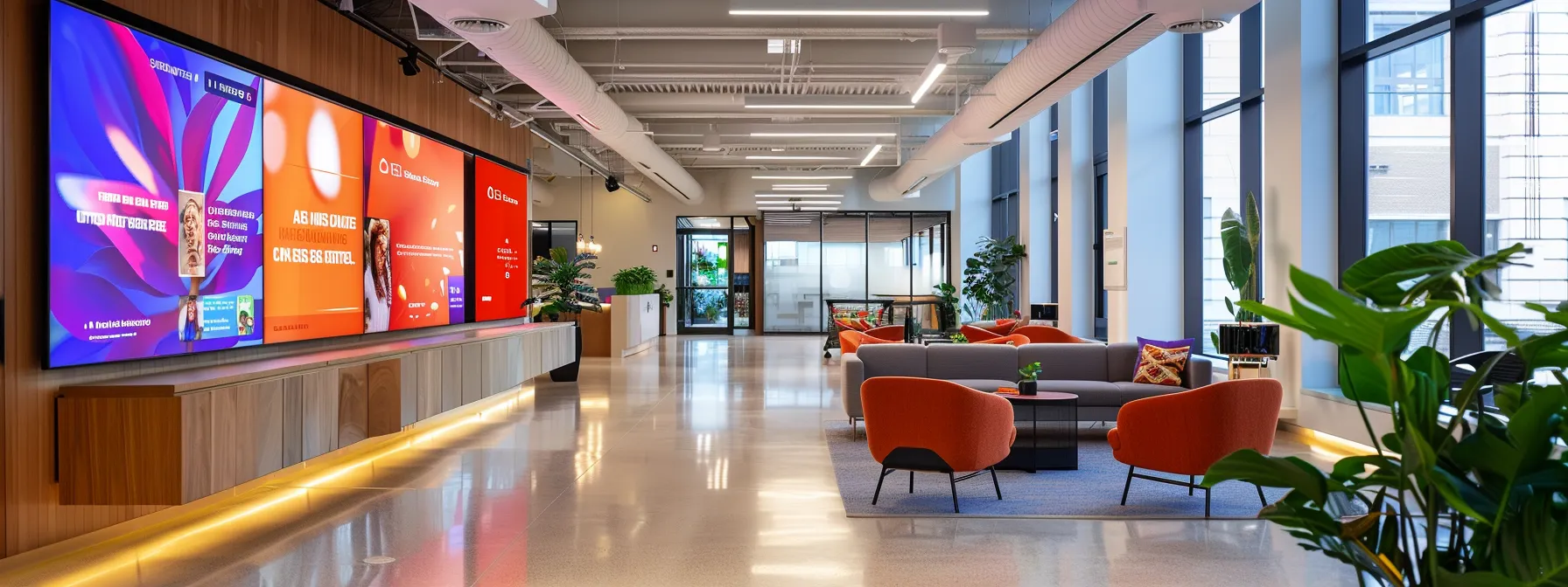 a dynamic urban office setting features a sleek, modern workspace with vibrant seasonal ad copy displayed on digital screens, emphasizing promotions and discounts that attract holiday shoppers.