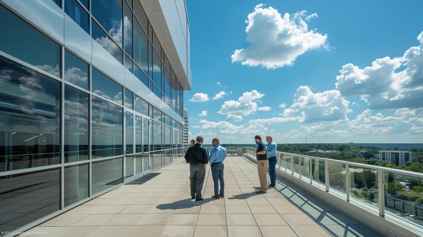 a dynamic urban office setting showcases a team of roofing experts evaluating a commercial flat roof with advanced infrared moisture scanning equipment, emphasizing their commitment to quality service and energy efficiency in johns creek's bustling business environment. a dynamic urban office setting showcases a team of roofing experts evaluating a commercial flat roof with advanced infrared moisture scanning equipment, emphasizing their commitment to quality service and energy efficiency in johns creek's bustling business environment.