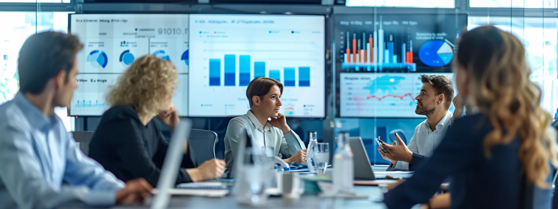 a dynamic urban office setting showcases a diverse team of professionals engaged in a strategic marketing meeting, surrounded by digital screens displaying analytics and bold campaign visuals, emphasizing the synergy between inbound and outbound marketing solutions for asphalt paving companies.