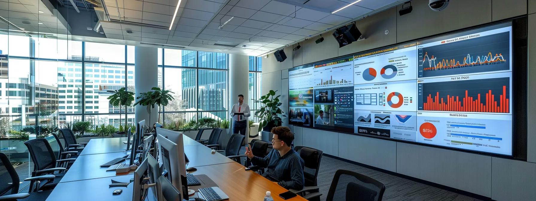 a dynamic urban office setting showcases a large digital display featuring high-resolution images of completed demolition projects and engaging video testimonials, with professionals discussing analytics charts displaying engagement metrics and the importance of visual content in boosting online visibility. a dynamic urban office setting showcases a large digital display featuring high-resolution images of completed demolition projects and engaging video testimonials, with professionals discussing analytics charts displaying engagement metrics and the importance of visual content in boosting online visibility.