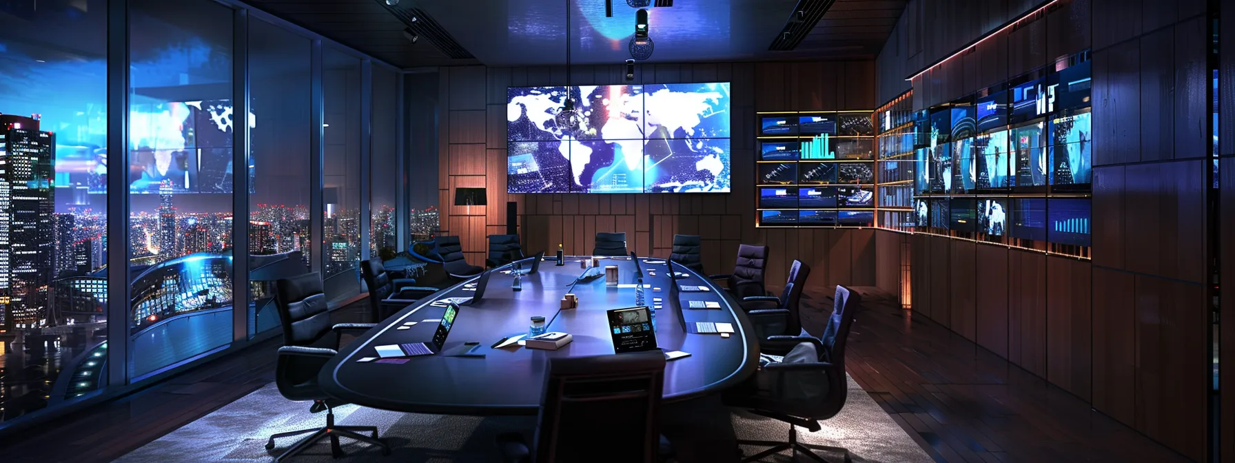 a dynamic urban office setting showcases a sleek conference room where a diverse team of professionals collaborates over digital devices, brainstorming a robust content strategy with a large screen displaying analytics and marketing frameworks.