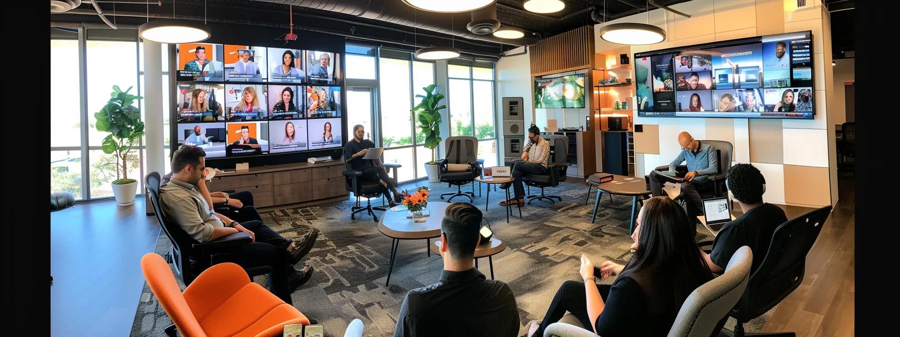 a dynamic urban office setting showcases a diverse team of pr professionals engaging in a high-tech brainstorming session, surrounded by multiple screens displaying live social media feeds and captivating augmented-reality presentations, embodying the innovative fusion of traditional and digital media strategies in television public relations.