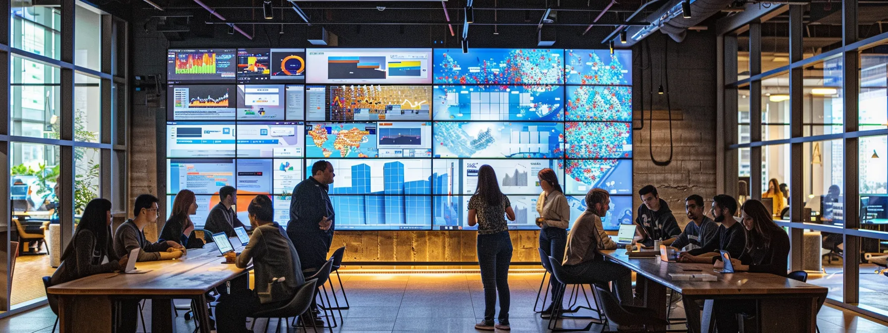 a dynamic urban office setting showcases a diverse team brainstorming innovative strategies on digital advertising, surrounded by large screens displaying vibrant ppc analytics and social media metrics.