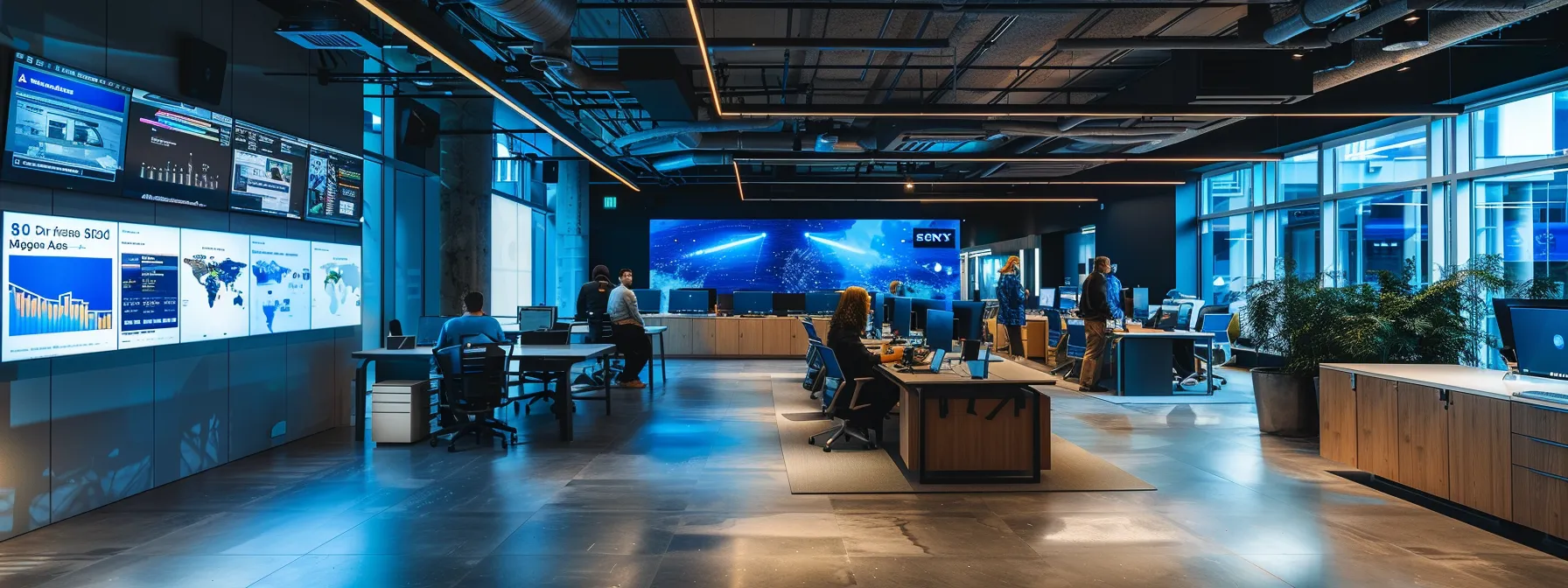 a dynamic urban office space filled with sleek technology displays, data analytics dashboards, and marketing strategy boards, showcasing professionals engaged in discussions about the innovative integration of ai in local marketing for asphalt paving businesses in 2025.