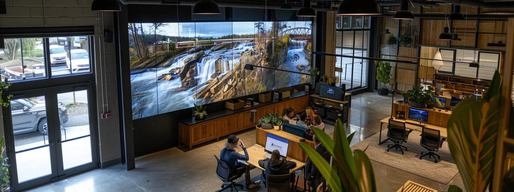 a dynamic urban office space filled with professionals engaged in planning and discussing their upcoming chattanooga rafting trip, with a large digital screen displaying exciting river adventure visuals and a booking interface.