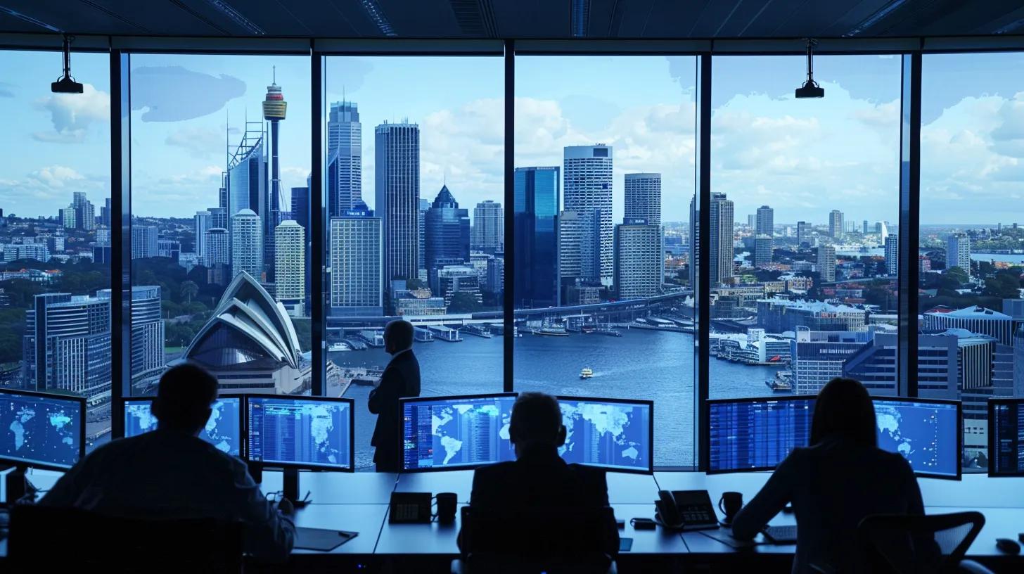 a dynamic urban office space filled with focused professionals analyzing data on multiple screens, highlighting the complexities of local seo challenges faced by sydney businesses amidst a bustling city backdrop. a dynamic urban office space filled with focused professionals analyzing data on multiple screens, highlighting the complexities of local seo challenges faced by sydney businesses amidst a bustling city backdrop.