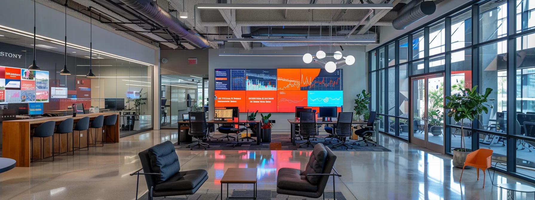 a dynamic urban office space is filled with professionals intently analyzing digital screens displaying vibrant graphs and charts, illustrating the latest market trends in sheet metal fabrication.
