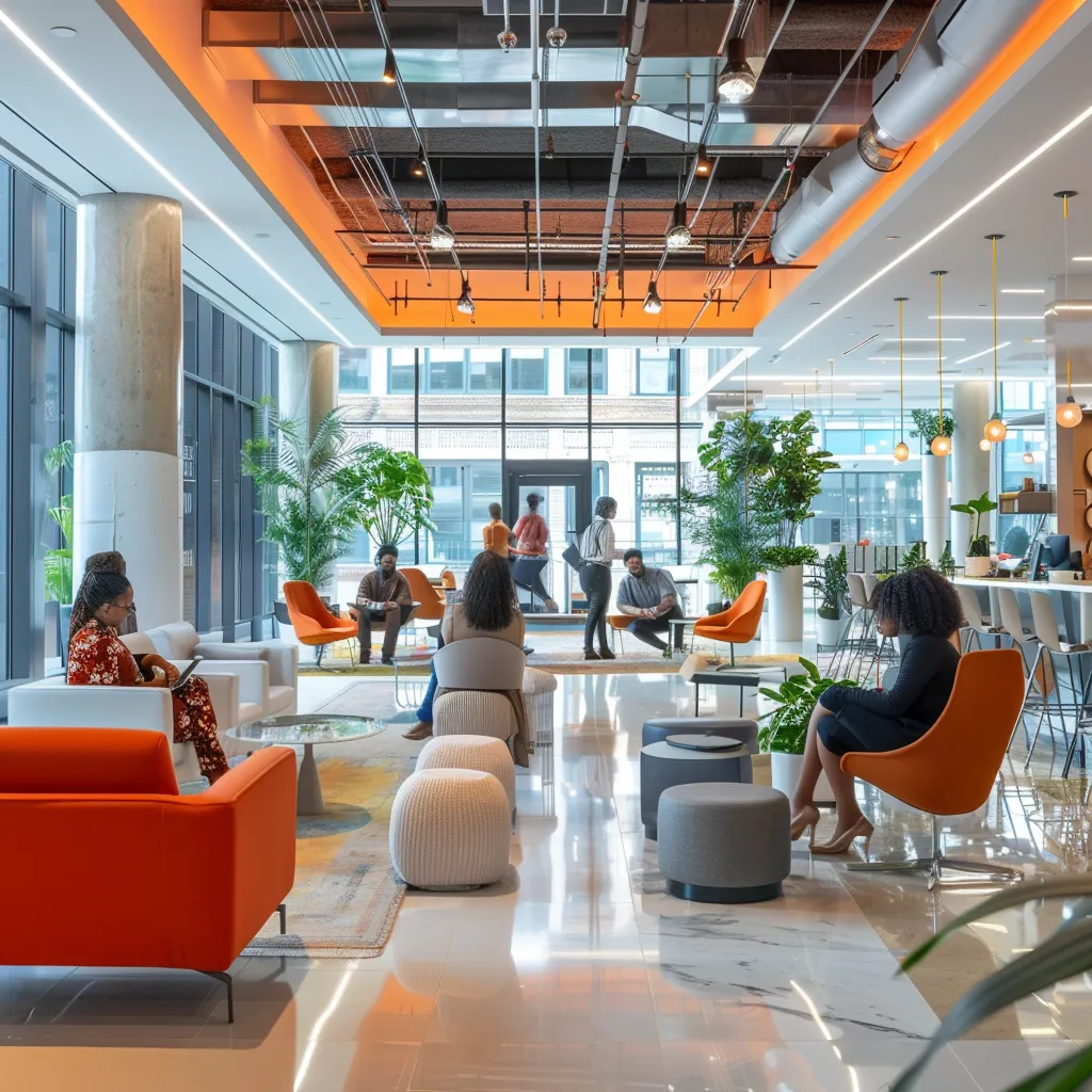 a dynamic urban office space filled with diverse professionals engaging enthusiastically in interactive team-building activities, showcasing innovative strategies to energize their support group.