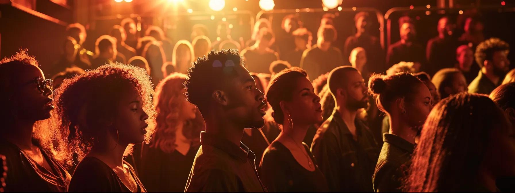 a dynamic urban rehearsal space filled with diverse choir members passionately engaged in vocal practice, illuminated by warm overhead lights that highlight their focused expressions and collaborative energy. a dynamic urban rehearsal space filled with diverse choir members passionately engaged in vocal practice, illuminated by warm overhead lights that highlight their focused expressions and collaborative energy.