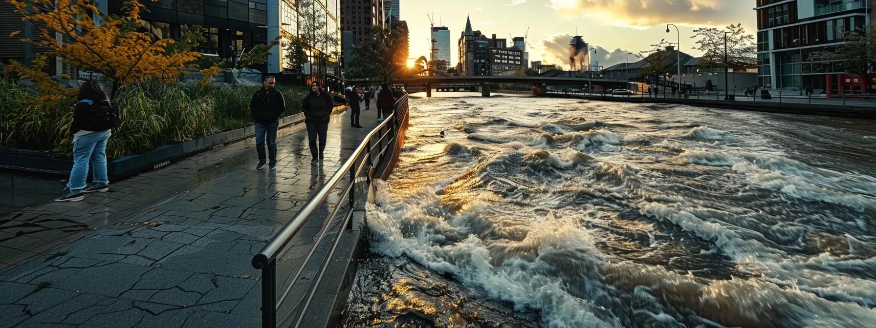 a dynamic urban riverside scene captures the swift, murky water of a post-rain river, as onlookers cautiously evaluate the turbulent current, framed by concrete walkways and city structures in the background.