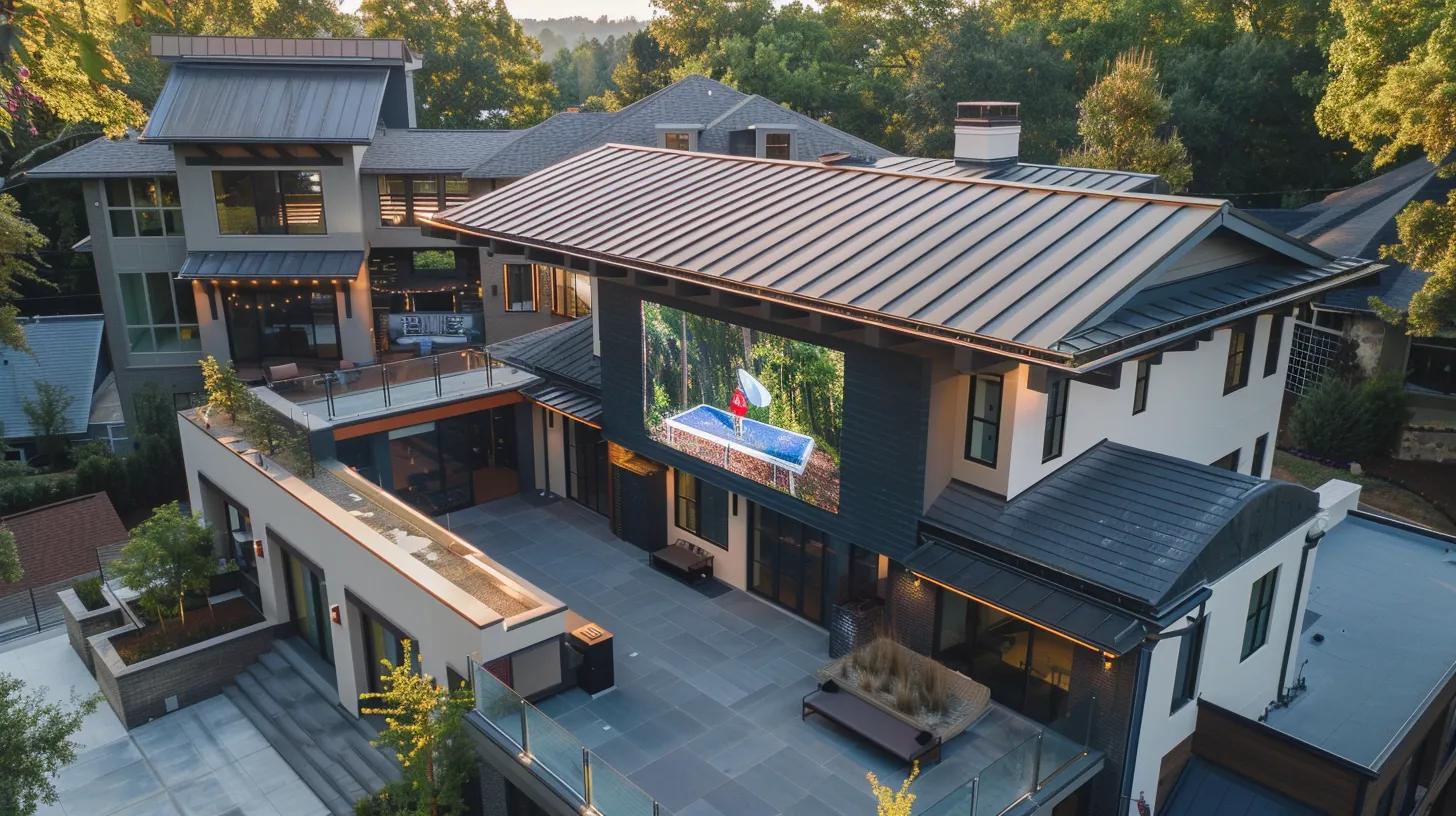 a dynamic urban rooftop showcasing a stylish residential structure in johns creek, highlighted by varied roofing materials like slate and metal panels, with a digital screen displaying a video inspection of the roof, emphasizing innovative solutions tailored to withstand heat and heavy rain, under bright overhead lighting for a modern ambiance. a dynamic urban rooftop showcasing a stylish residential structure in johns creek, highlighted by varied roofing materials like slate and metal panels, with a digital screen displaying a video inspection of the roof, emphasizing innovative solutions tailored to withstand heat and heavy rain, under bright overhead lighting for a modern ambiance.