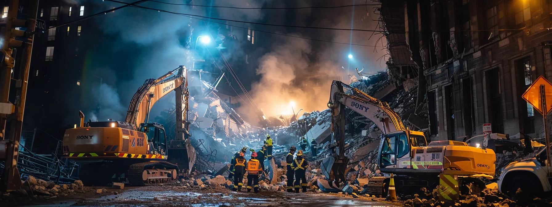 a dynamic urban scene captures pittsburgh's emergency services in action during a demolition project, featuring responders in high-visibility gear coordinating with heavy machinery amidst a backdrop of a partially collapsed building, illuminated by stark overhead lights reflecting the urgency of the operation.