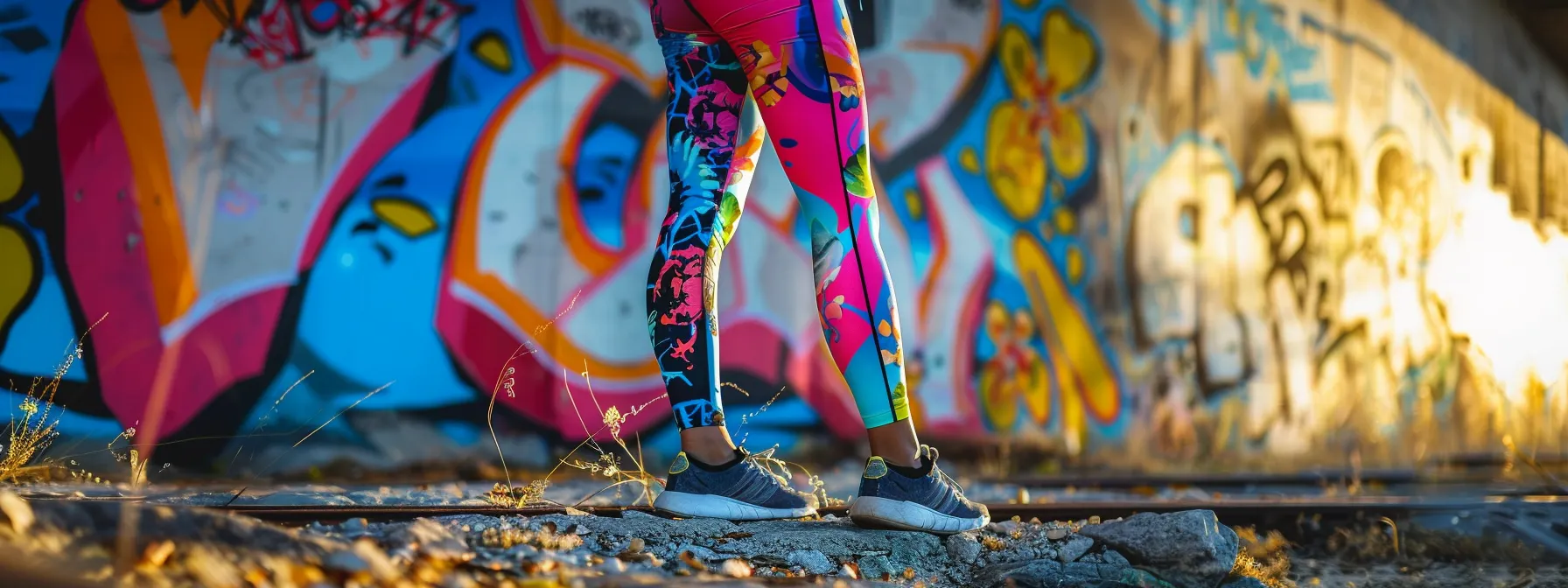 a dynamic urban scene captures a confident individual wearing vibrant, eye-catching leggings, poised against a backdrop of colorful street art, illuminated by the warm glow of sunset.