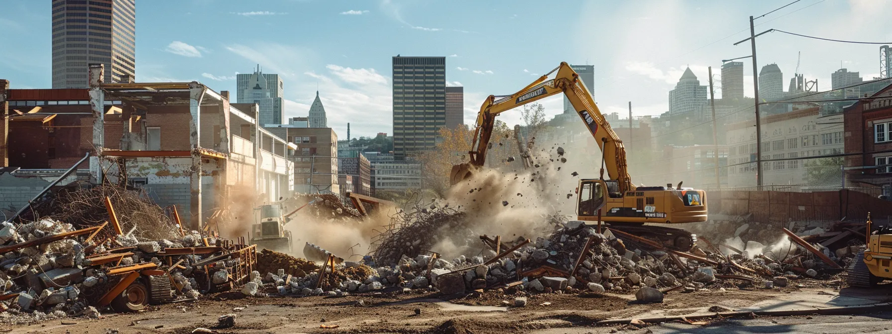 a dynamic urban scene captures a robust garage demolition in progress, with heavy machinery actively dismantling a worn structure against the backdrop of a bustling pittsburgh neighborhood, showcasing the transformation of a property ready for renovation.