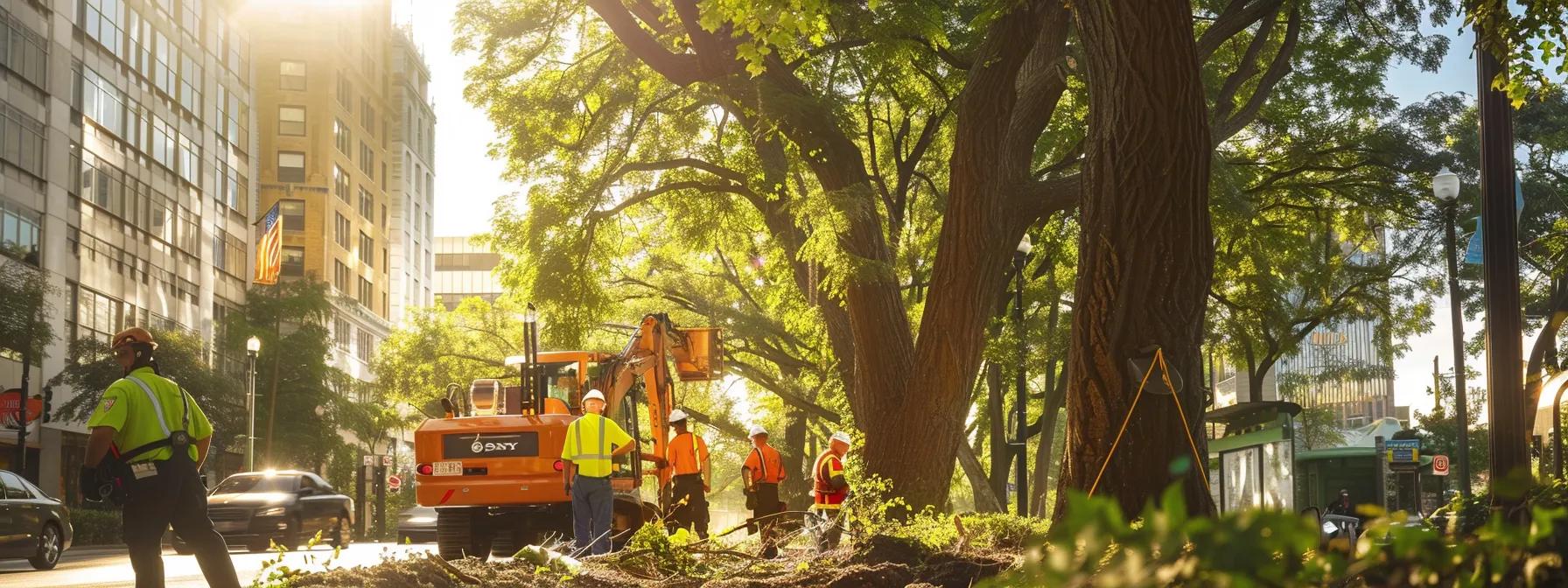 a dynamic urban scene featuring a team of professional tree removal experts in safety gear conducting a swift assessment of a large tree, with a modern, bustling st. cloud backdrop highlighting the urgency of efficient service amidst potential hazards.
