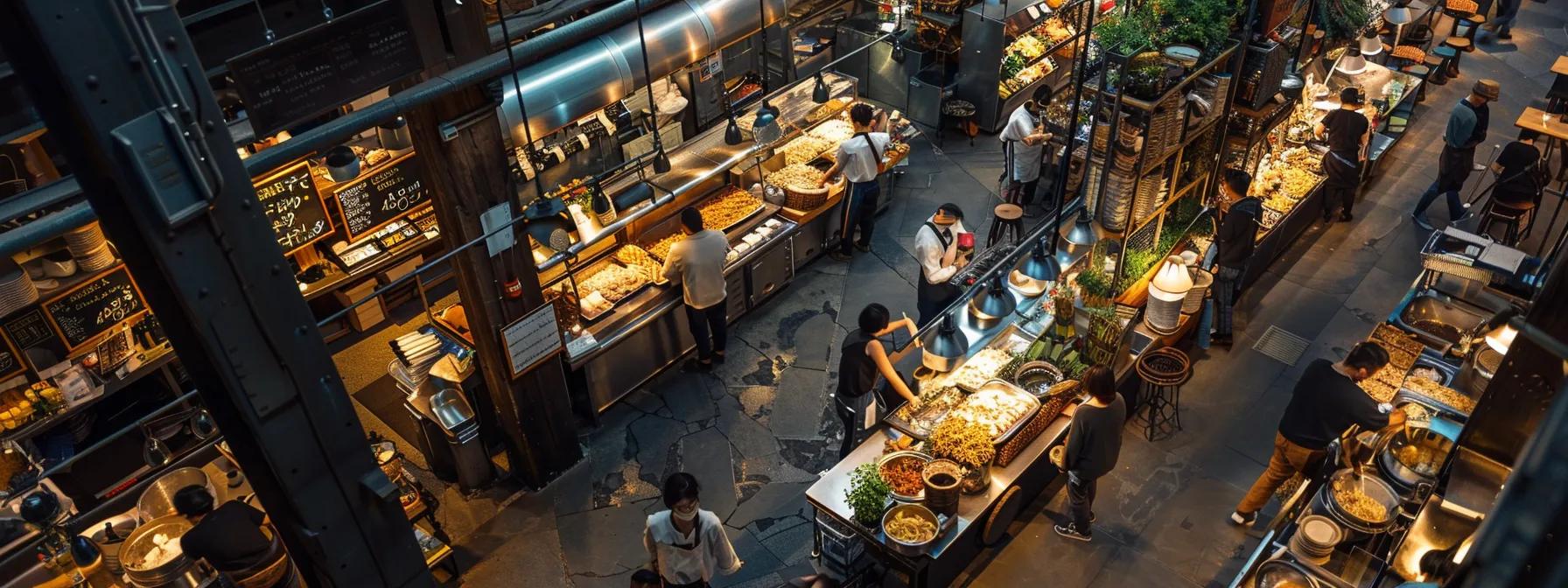 a dynamic urban scene of tokyo's bustling tsukiji market showcases vibrant stalls filled with fresh seafood, contrasted with the serene interior of a rustic chianti agriturismo where traditional pasta-making takes place, embodying the duality of high-end and authentic culinary experiences.