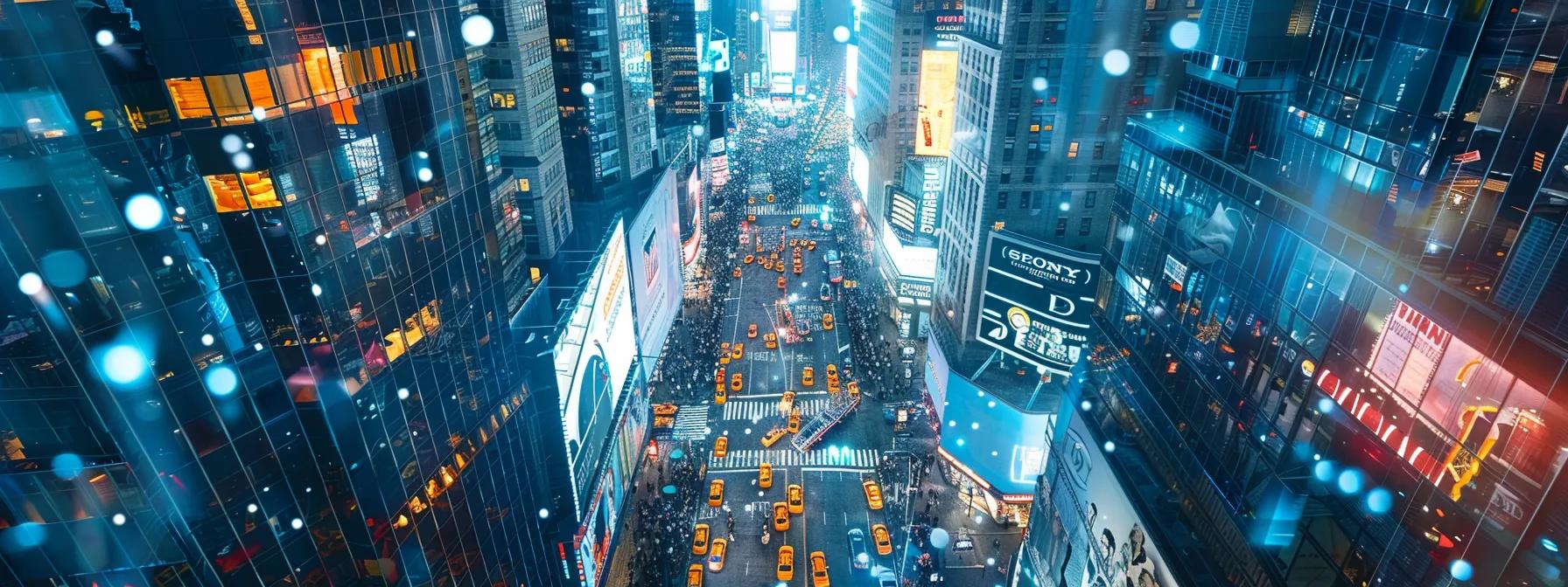 a dynamic urban scene showcases a busy times square, illuminated by vibrant digital screens and diverse pedestrian traffic, emphasizing the strategic placement of high-value media locations for impactful advertising campaigns.