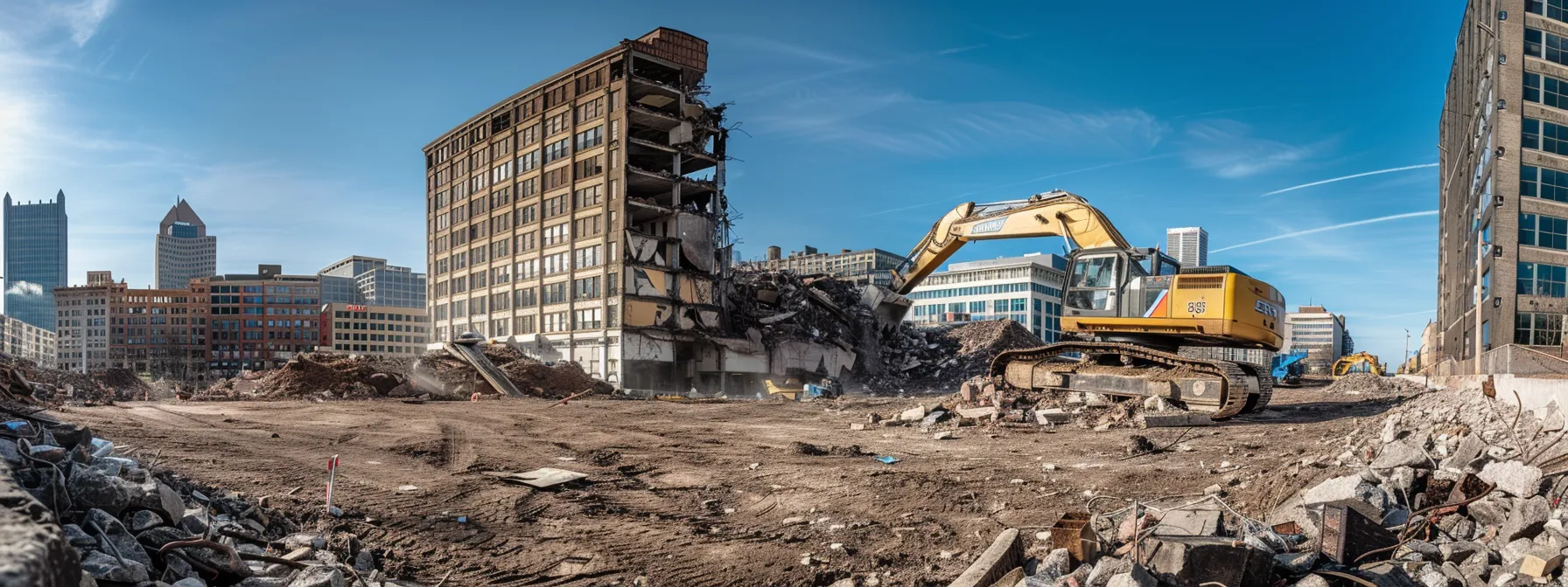 a dynamic urban scene showcasing a commercial demolition site in pittsburgh, with heavy machinery actively tearing down a multi-story building under a clear blue sky, emphasizing safety measures and preparation efforts in the bustling city environment.