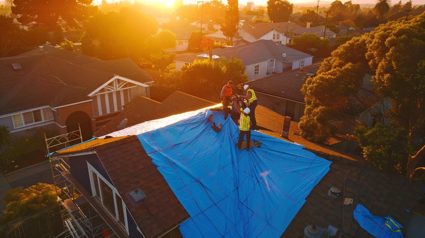 a dynamic urban setting captures a capital city roofing team swiftly installing a bright blue emergency tarp on a residential roof, showcasing advanced technology like drones above for inspections amidst a dramatic sky following a recent storm. a dynamic urban setting captures a capital city roofing team swiftly installing a bright blue emergency tarp on a residential roof, showcasing advanced technology like drones above for inspections amidst a dramatic sky following a recent storm.