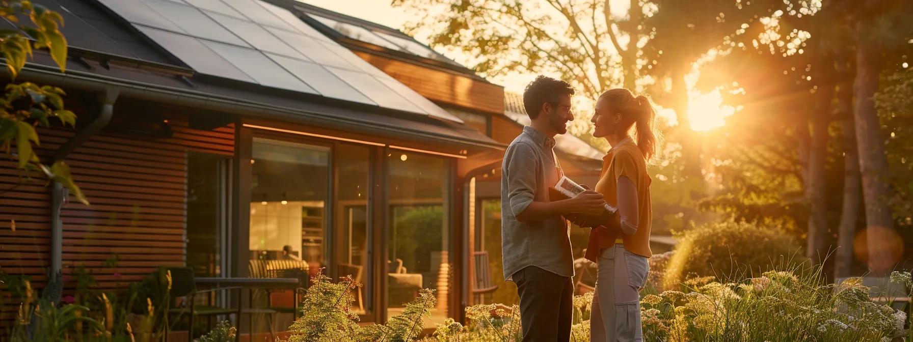 a dynamic urban setting captures a confident solar sales representative engaged in an enthusiastic conversation with a homeowner, with vibrant sunlight reflecting off a modern house featuring solar panels, emphasizing the theme of building relationships through renewable energy solutions.