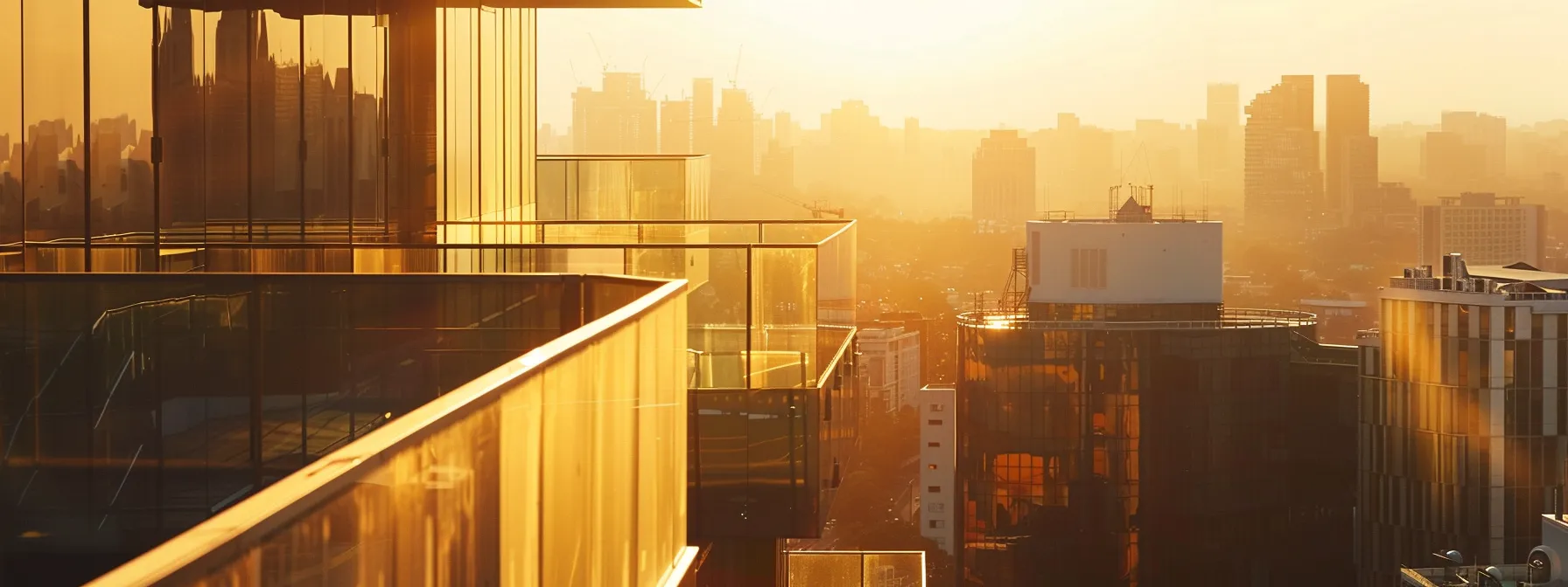 a dynamic urban skyline at sunset, showcasing diverse architectural styles and structures that represent the multifaceted career paths in architecture, bathed in warm, golden light to evoke inspiration and creativity.