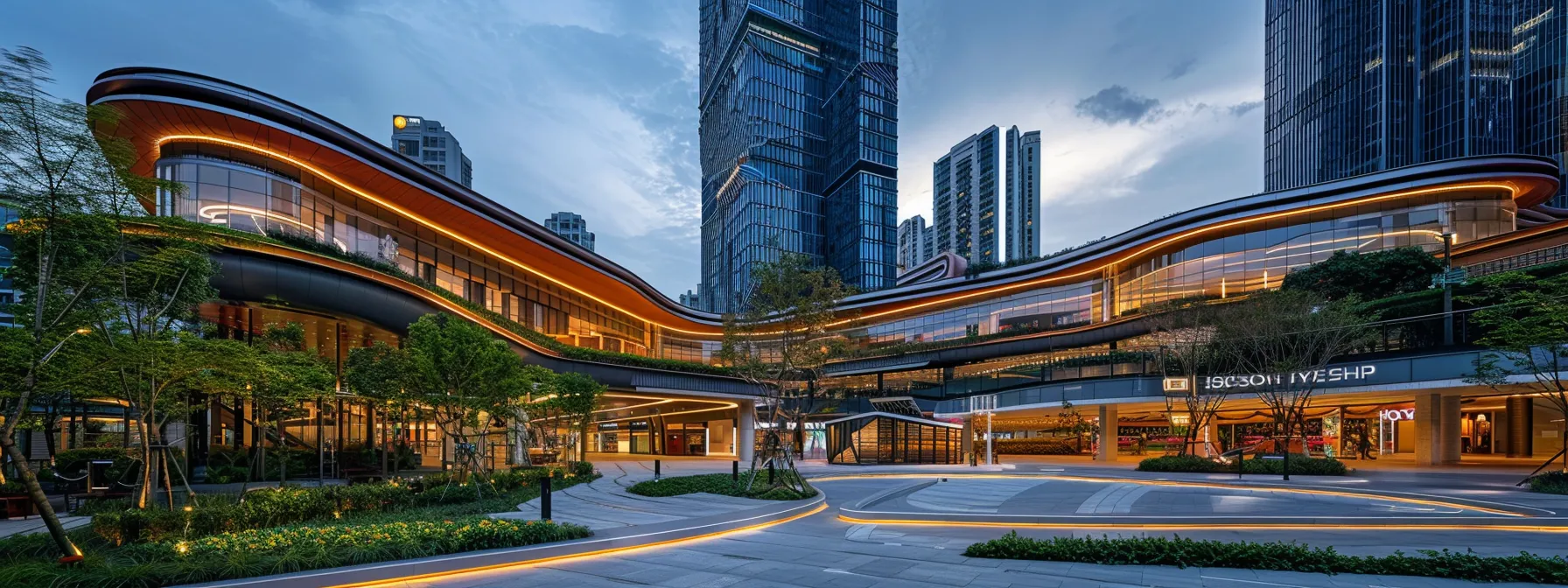 a dynamic urban skyline at dusk, showcasing innovative architectural forms, illuminated by glowing city lights and hints of greenery, emphasizing the synergy of modern design and sustainable practices.