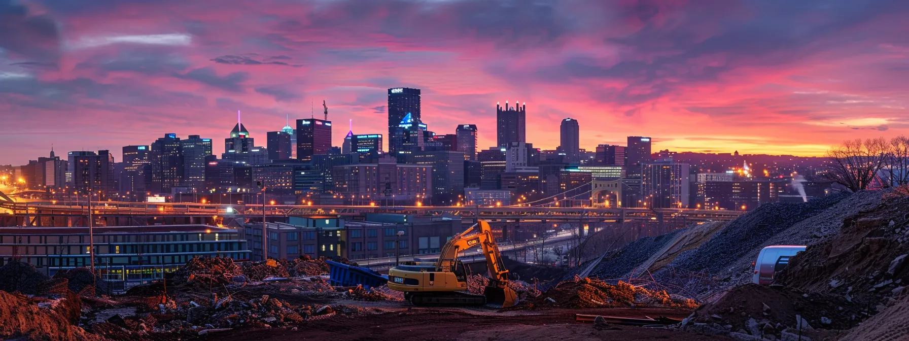a dynamic urban skyline at twilight captures the powerful silhouettes of commercial demolition teams in action, surrounded by the glowing remnants of structures, emphasizing the themes of transformation and safety in the heart of pittsburgh.