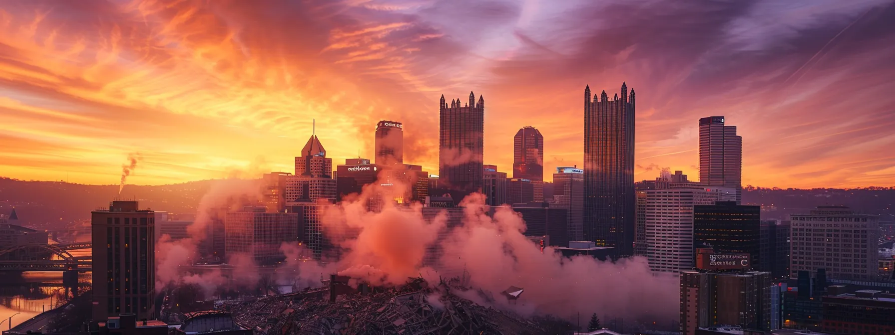 a dynamic urban skyline of pittsburgh at sunset, showcasing a commercial demolition site where towering structures are being dismantled, with a dust cloud rising dramatically against the vibrant oranges and purples of the sky.