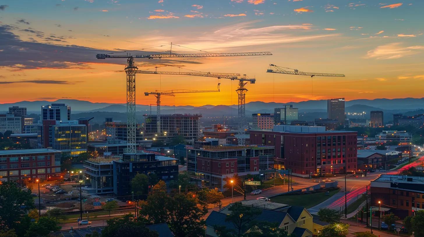 a dynamic urban skyline of knoxville features cranes and modern buildings in various stages of construction, illuminated by the golden glow of sunset, highlighting the city’s evolving architectural landscape.